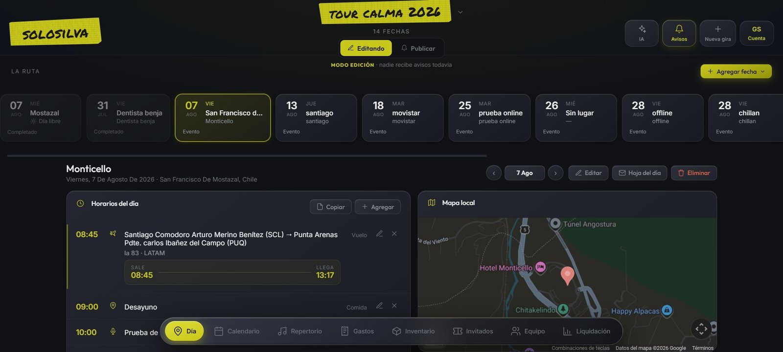 Roadie Tour en el computador: la ruta de la gira, los horarios del día y el mapa del recinto
